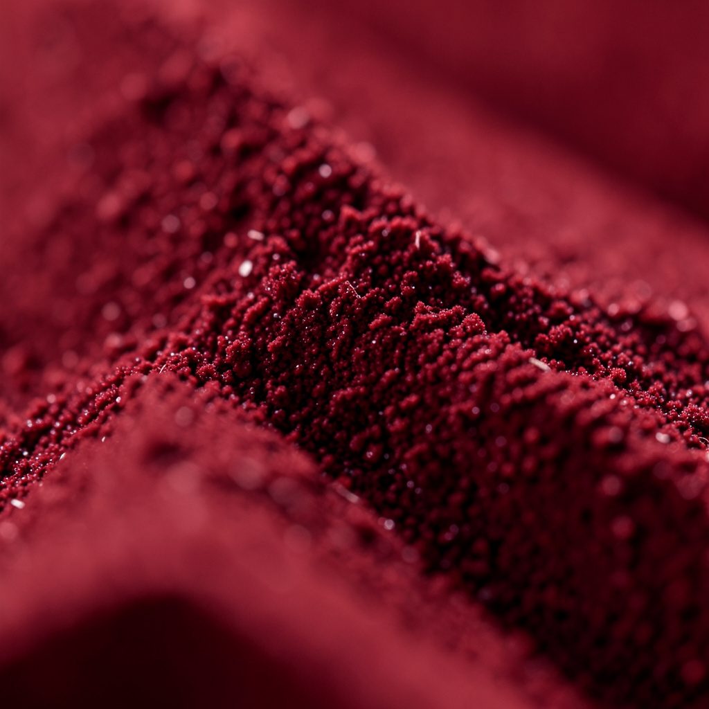 Extreme close-up photograph of woven fabric fibers in warm crimson and gold tones with a soft, inviting mood.